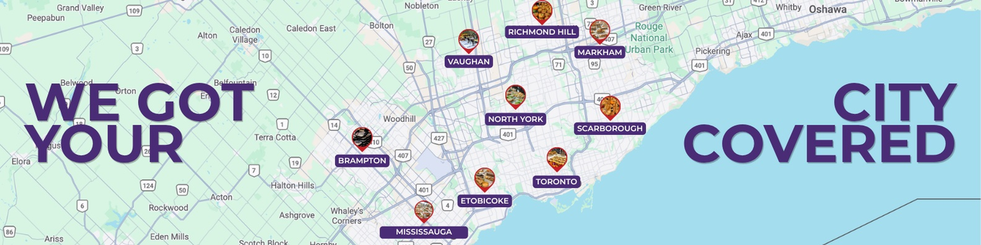Food Mamba corporate catering coverage map — Toronto, Mississauga, Vaughan, Markham, North York, Scarborough, Etobicoke, Brampton, Richmond Hill